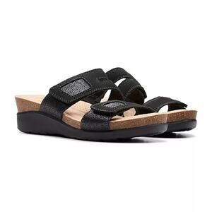 NWT Clarks Women's Calenne Maye Wedge Sandal, Black Combi, 10 Wide